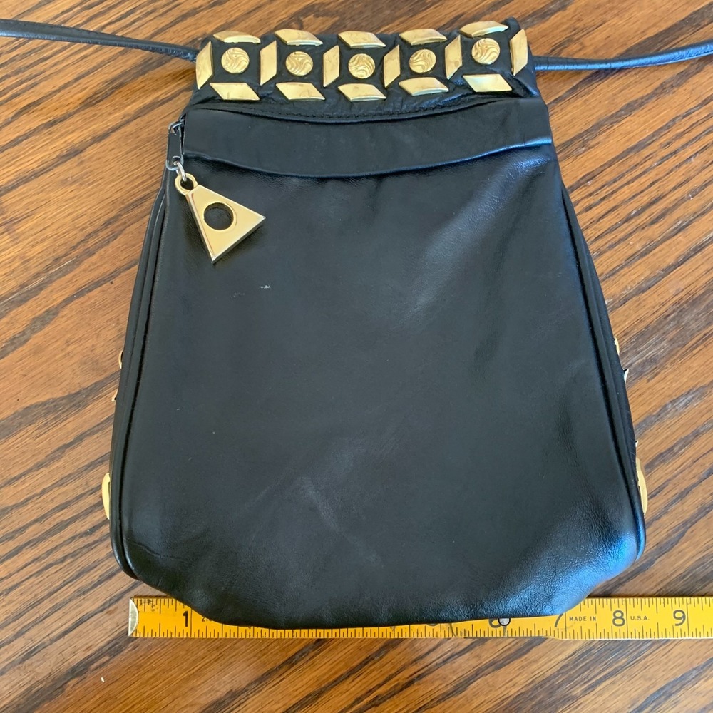 Vintage Black Leather Studded Crossbody Bag Gold Hardware Geometric Sunburst